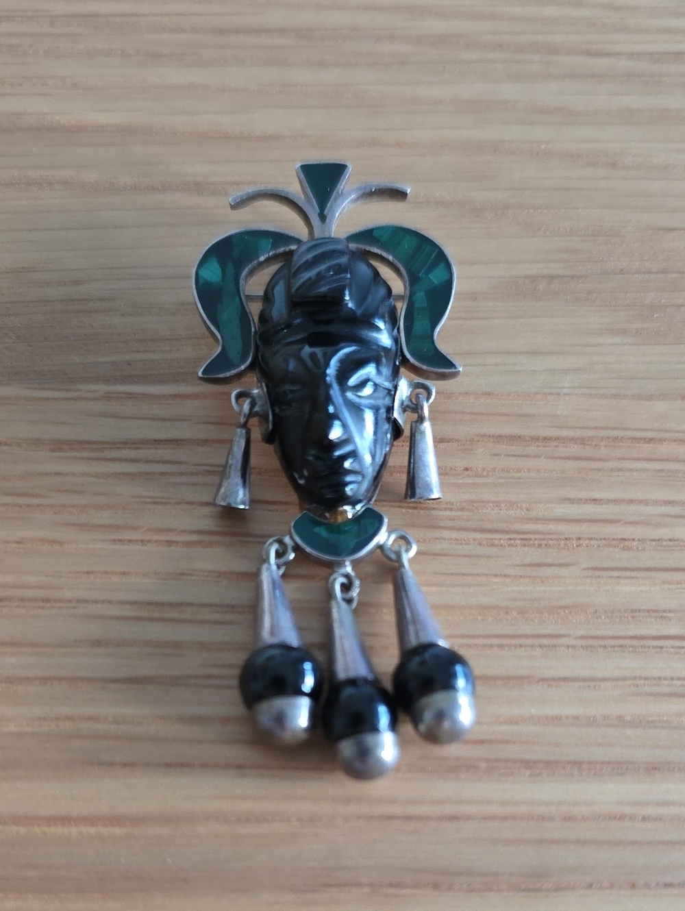 Vintage Mexican Sterling Silver Malachite Onyx Mask Pendant/brouch
